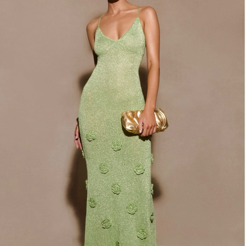 Meshki Suki Metallic Knit Pastel Green Maxi Dress